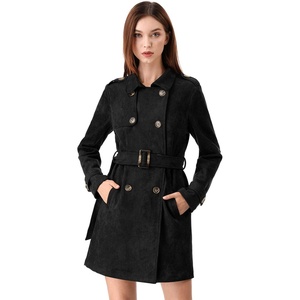 image:imageAllegra K Womens Faux Suede Trench Coat Double Breasted Jacket with Belt  Point Collar Warm Overcoat Fall Winter Long Sleeve Warm Outerwear Work Office Mid Length CoatsBlack