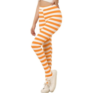 image:imageAllegra K Womens Leggings Striped Tights High Waist Elastic Waistband Party Yoga Stirrup PantsOrange Whitestripe