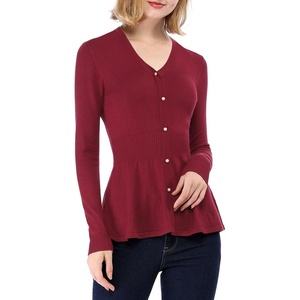 image:imageAllegra K Womens Peplum Sweater Ribbed V Neck Long Sleeve Knit Peplum TopsBurgundy