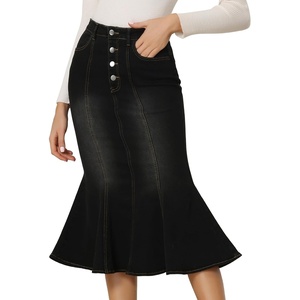 image:imageAllegra K Denim Skirt for Womens Washed High Waisted Fishtail Midi Jean SkirtsBlack