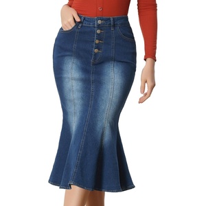 image:imageAllegra K Denim Skirt for Womens Washed High Waisted Fishtail Midi Jean SkirtsBlue