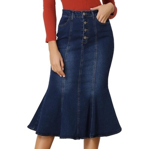 image:imageAllegra K Denim Skirt for Womens Washed High Waisted Fishtail Midi Jean SkirtsDark Blue