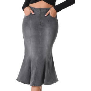 image:imageAllegra K Denim Skirt for Womens Washed High Waisted Fishtail Midi Jean SkirtsGrey