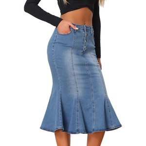 image:imageAllegra K Denim Skirt for Womens Washed High Waisted Fishtail Midi Jean SkirtsSky Blue