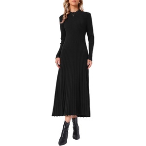 image:imageAllegra K Pleated Sweater Dress for Womens Mock Neck Long Sleeve Casual Fall Winter Ribbed Knit ALine Midi DressBlack