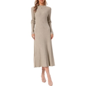 image:imageAllegra K Pleated Sweater Dress for Womens Mock Neck Long Sleeve Casual Fall Winter Ribbed Knit ALine Midi DressCamel