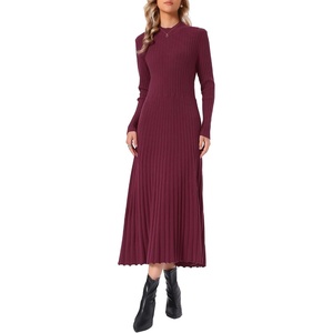 image:imageAllegra K Pleated Sweater Dress for Womens Mock Neck Long Sleeve Casual Fall Winter Ribbed Knit ALine Midi DressRed