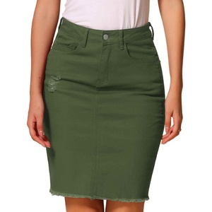 image:imageAllegra K Womens Basic Distressed High Waist Ripped Hem Washed Jeans Denim SkirtOlive Green