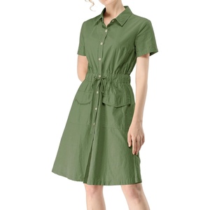 image:imageAllegra K Womens Button Down Shirt Dress Short Sleeve Casual Collared Cotton Drawstring Shirtdress Safari DressArmy Green