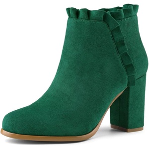 image:imageAllegra K Womens Ruffle Ankle Boots Block Heel  Chunky Heel Round Toe Side Zipper Heel 3 59 Inches Party Halloween days Christmas Days Dating EveningDark Green