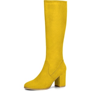 image:imageAllegra K Womens Side Zipper Chunky Heel Knee High Boots  3 17 inches Heel Boot with Side Zip Faux Suede Round Toe Comfort Fall Winter Knee Boots Casual OfficeYellow