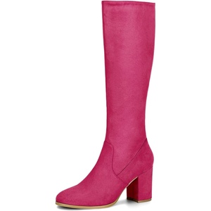 image:imageAllegra K Womens Side Zipper Chunky Heel Knee High Boots  3 17 inches Heel Boot with Side Zip Faux Suede Round Toe Comfort Fall Winter Knee Boots Casual OfficeHot Pink