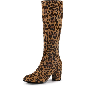 image:imageAllegra K Womens Side Zipper Chunky Heel Knee High Boots  3 17 inches Heel Boot with Side Zip Faux Suede Round Toe Comfort Fall Winter Knee Boots Casual OfficeLeopard
