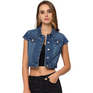 image:imageAllegra K Womens Cropped Denim Jacket Short Cap Sleeve Button Down Summer Casual Crop Jean JacketBlue