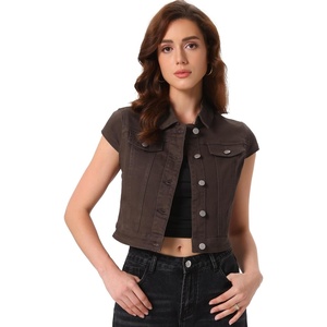 image:imageAllegra K Womens Cropped Denim Jacket Short Cap Sleeve Button Down Summer Casual Crop Jean JacketBrown