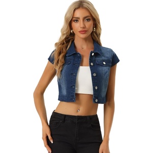 image:imageAllegra K Womens Cropped Denim Jacket Short Cap Sleeve Button Down Summer Casual Crop Jean JacketDark Blue