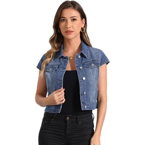 image:imageAllegra K Womens Cropped Denim Jacket Short Cap Sleeve Button Down Summer Casual Crop Jean JacketMblue
