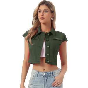image:imageAllegra K Womens Cropped Denim Jacket Short Cap Sleeve Button Down Summer Casual Crop Jean JacketOlive Green