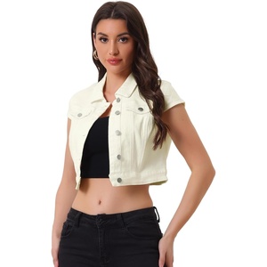 image:imageAllegra K Womens Cropped Denim Jacket Short Cap Sleeve Button Down Summer Casual Crop Jean JacketOyster