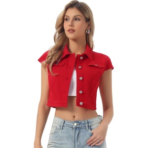 image:imageAllegra K Womens Cropped Denim Jacket Short Cap Sleeve Button Down Summer Casual Crop Jean JacketRed