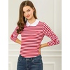 image:imageAllegra K Womens Striped Shirts Peter Pan Collar Casual Long Sleeve Top  Contrast Color Elastic Loop Closure Doll Collar Long Sleeve Striped Shirt Peter Pan Collar FittedRed