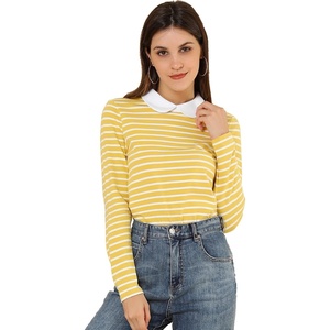 image:imageAllegra K Womens Striped Shirts Peter Pan Collar Casual Long Sleeve Top  Contrast Color Elastic Loop Closure Doll Collar Long Sleeve Striped Shirt Peter Pan Collar FittedYellow