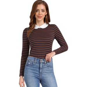image:imageAllegra K Womens Striped Shirts Peter Pan Collar Casual Long Sleeve Top  Contrast Color Elastic Loop Closure Doll Collar Long Sleeve Striped Shirt Peter Pan Collar FittedDark Brown