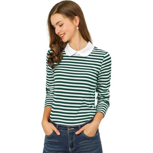 image:imageAllegra K Womens Striped Shirts Peter Pan Collar Casual Long Sleeve Top  Contrast Color Elastic Loop Closure Doll Collar Long Sleeve Striped Shirt Peter Pan Collar FittedGreen