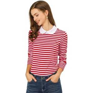 image:imageAllegra K Womens Striped Shirts Peter Pan Collar Casual Long Sleeve Top  Contrast Color Elastic Loop Closure Doll Collar Long Sleeve Striped Shirt Peter Pan Collar FittedRed