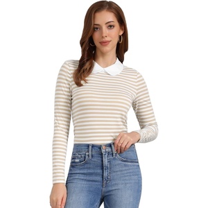 image:imageAllegra K Womens Striped Shirts Peter Pan Collar Casual Long Sleeve Top  Contrast Color Elastic Loop Closure Doll Collar Long Sleeve Striped Shirt Peter Pan Collar FittedApricot