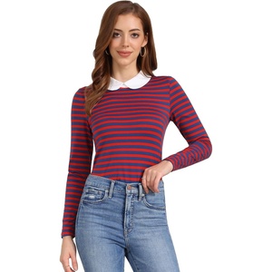image:imageAllegra K Womens Striped Shirts Peter Pan Collar Casual Long Sleeve Top  Contrast Color Elastic Loop Closure Doll Collar Long Sleeve Striped Shirt Peter Pan Collar FittedRed Blue