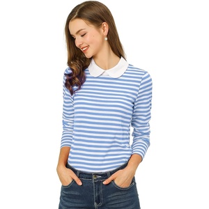 image:imageAllegra K Womens Striped Shirts Peter Pan Collar Casual Long Sleeve Top  Contrast Color Elastic Loop Closure Doll Collar Long Sleeve Striped Shirt Peter Pan Collar FittedLight Blue