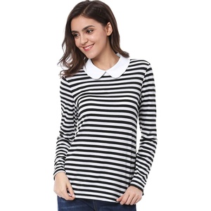 image:imageAllegra K Womens Striped Shirts Peter Pan Collar Casual Long Sleeve Top  Contrast Color Elastic Loop Closure Doll Collar Long Sleeve Striped Shirt Peter Pan Collar FittedBlack