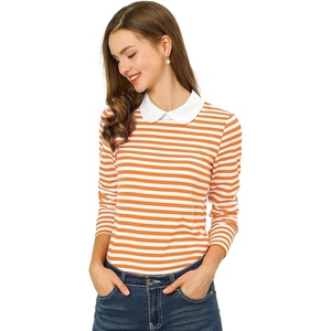 image:imageAllegra K Womens Striped Shirts Peter Pan Collar Casual Long Sleeve Top  Contrast Color Elastic Loop Closure Doll Collar Long Sleeve Striped Shirt Peter Pan Collar FittedOrange