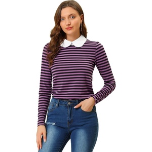 image:imageAllegra K Womens Striped Shirts Peter Pan Collar Casual Long Sleeve Top  Contrast Color Elastic Loop Closure Doll Collar Long Sleeve Striped Shirt Peter Pan Collar FittedPurple Black