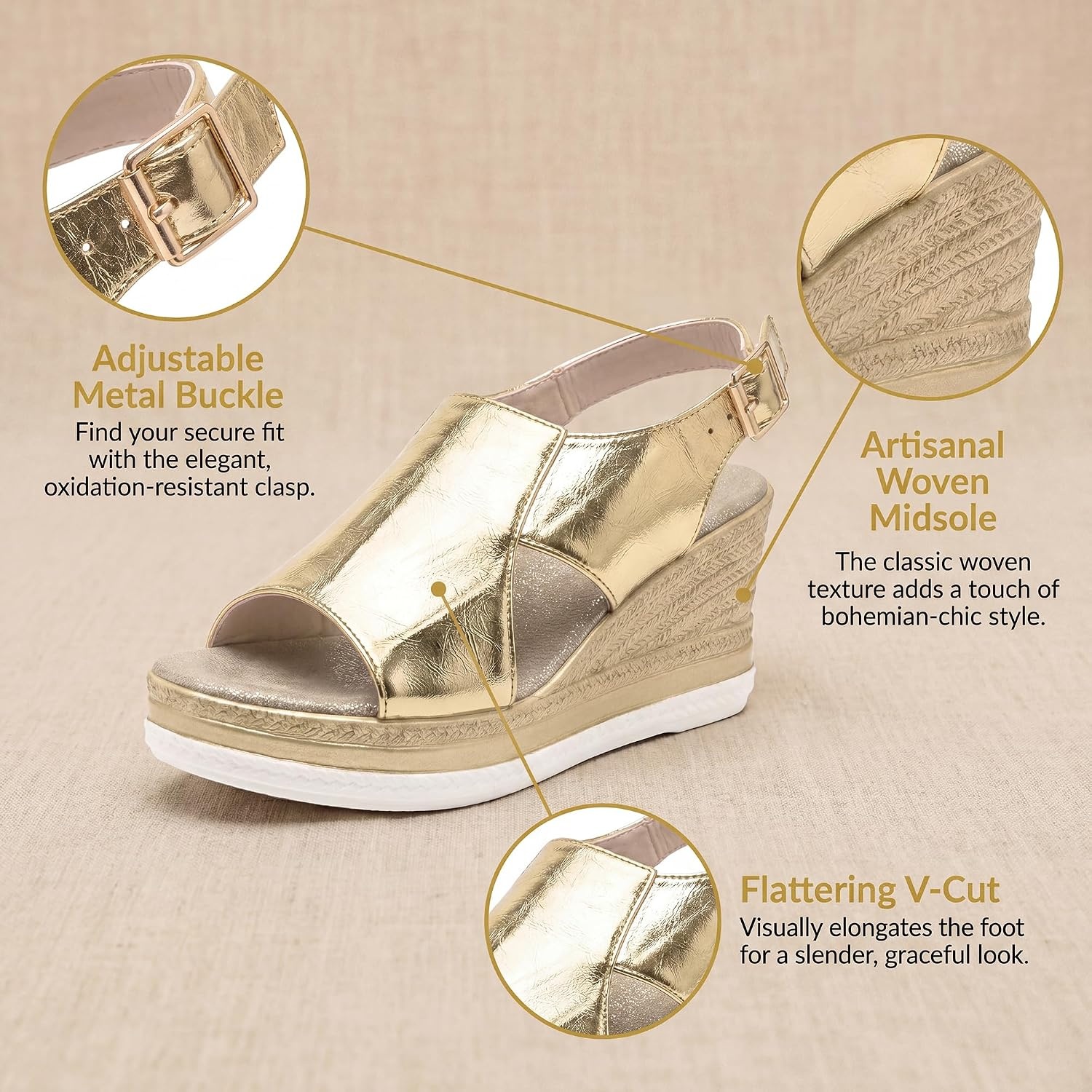 image:imageAllegra K Women Solid Color Plaid Hollowout Buckle Platform Sandals  Peeptoe design with adjustable strap Comfortable platform Summer Openwork upper Stylish and versatileGold