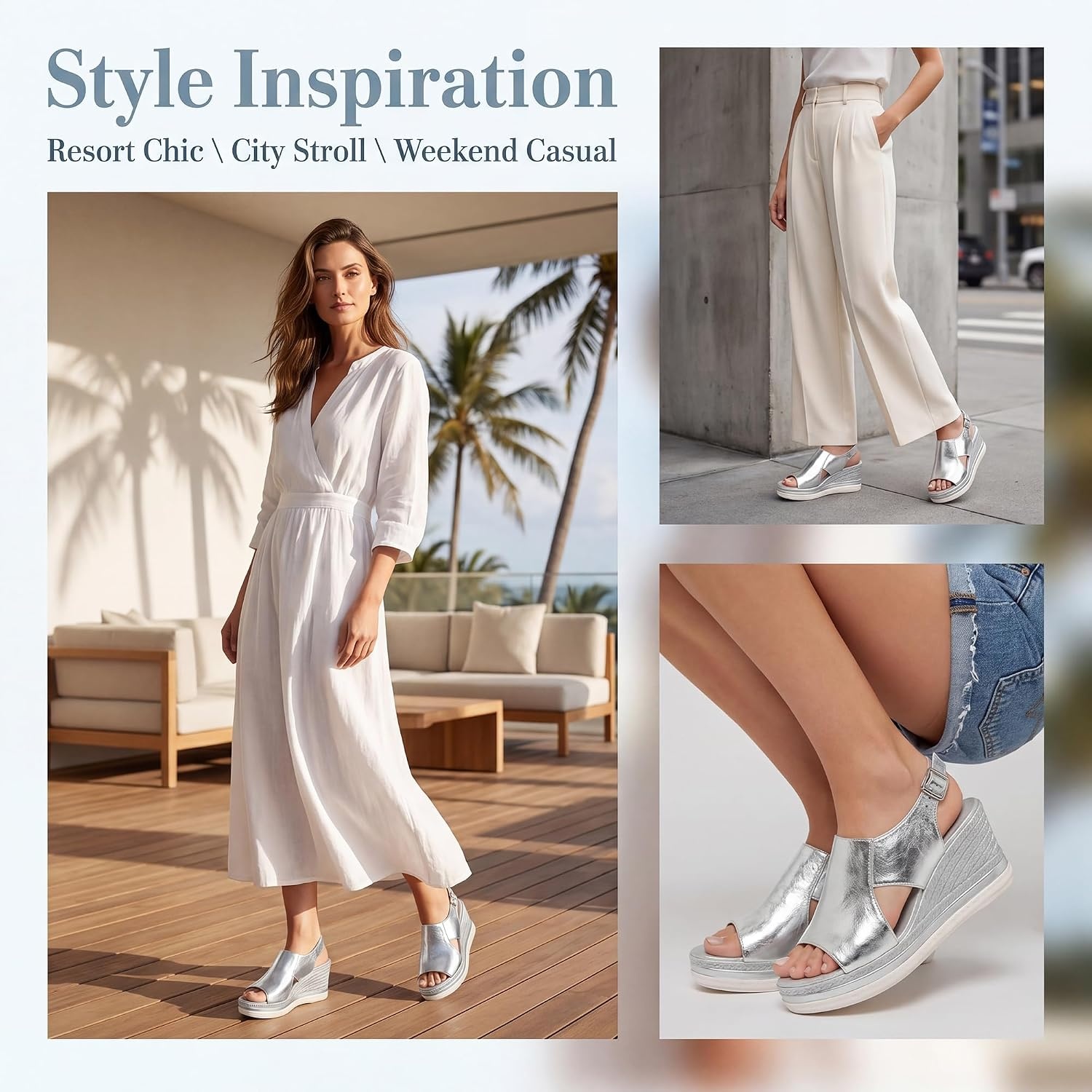 image:imageAllegra K Women Solid Color Plaid Hollowout Buckle Platform Sandals  Peeptoe design with adjustable strap Comfortable platform Summer Openwork upper Stylish and versatileSilver