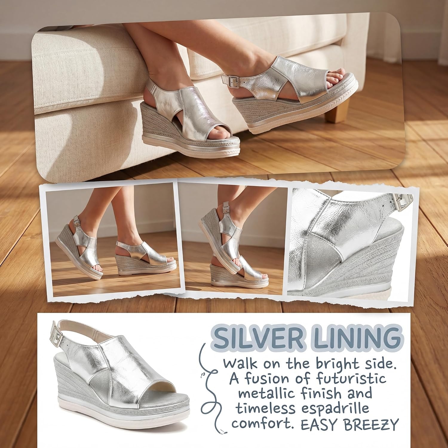 image:imageAllegra K Women Solid Color Plaid Hollowout Buckle Platform Sandals  Peeptoe design with adjustable strap Comfortable platform Summer Openwork upper Stylish and versatileSilver