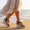 image:imageAllegra K Women Beaded Elastic Tstrap Platform Peeptoe Sandals Rubber  Cross decorative detailing Lightcatching sparkle Artisanal touch 433inch heel 157inch platformBlack