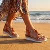 image:imageAllegra K Women Faux Leather Plaid Beaded Platform Elastic Band Sandals  PU outsole Classic pattern with bohemian details Distinctive vibe Heel height 236in Platform height 118inOrange