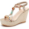 image:imageAllegra K Women Beaded Elastic Tstrap Platform Peeptoe Sandals Rubber  Cross decorative detailing Lightcatching sparkle Artisanal touch 433inch heel 157inch platformGold