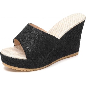 image:imageAllegra K Women Breathable Embroidered Wedge Platform Peeptoe Slip Sandals  Open toe design Easy slipon Breathable embroidered upper Comfortable wedge platform Casual summer styleBlack