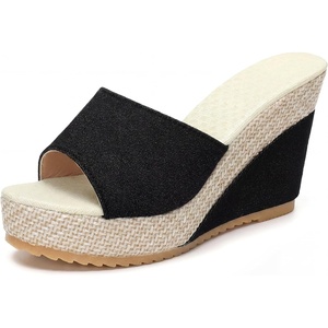 image:imageAllegra K Women Breathable Embroidered Wedge Platform Peeptoe Slip Sandals  Open toe design Easy slipon Breathable embroidered upper Comfortable wedge platform Casual summer styleBeige Black