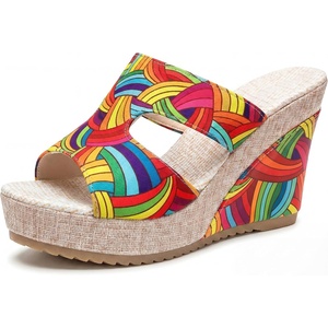 image:imageAllegra K Women Colorful Printed Hollowout Platform PeepToe Sandals  406inch heel height 138inch platform Vibrant print upper Slipon style Hollowout designRainbow