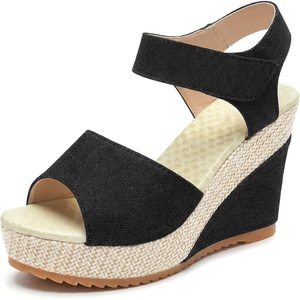 image:imageAllegra K Women Faux Leather Denim Platform Hook Loop Peeptoe Sandals  413inch heel height 138inch platform Vintageinspired upper Hook loop closure Relaxed everyday vibeBlack