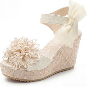 image:imageAllegra K Women Faux Leather Floral Bow Peeptoe Platform Wedge Sandals  413inch heel height 138inch platform Decorative flower accents Feminine touch Peeptoe designBeige