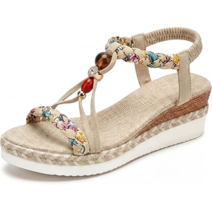 image:imageAllegra K Women Faux Leather Plaid Beaded Platform Elastic Band Sandals  PU outsole Classic pattern with bohemian details Distinctive vibe Heel height 236in Platform height 118inBeige