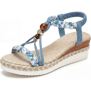 image:imageAllegra K Women Faux Leather Plaid Beaded Platform Elastic Band Sandals  PU outsole Classic pattern with bohemian details Distinctive vibe Heel height 236in Platform height 118inBlue