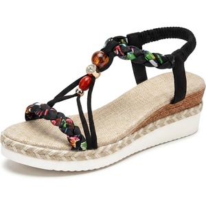 image:imageAllegra K Women Faux Leather Plaid Beaded Platform Elastic Band Sandals  PU outsole Classic pattern with bohemian details Distinctive vibe Heel height 236in Platform height 118inBlack