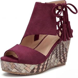 image:imageAllegra K Women Plaid Side Zipper LaceUp Peeptoe Platform Sandals  Perforated upper with rhinestones Air circulation keeps feet cool Classic preppy charm Tie designBurgundy